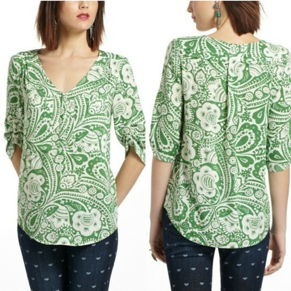 MAEVE Anthropologie Charleston Green Paisley Floral Print Henley Top Boho Size M